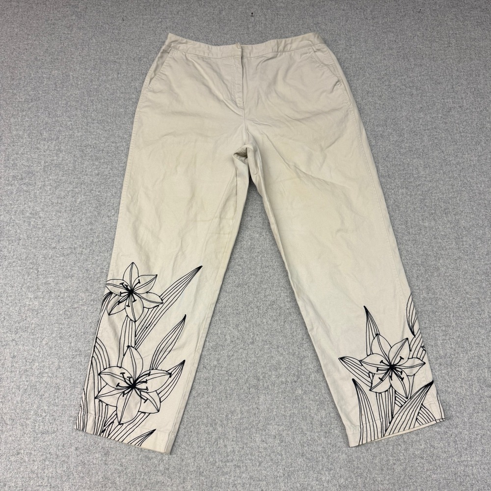 Talbots | Floral Embroidered Ankle Pants | 14 | Beige | Stretch Cotton Straight